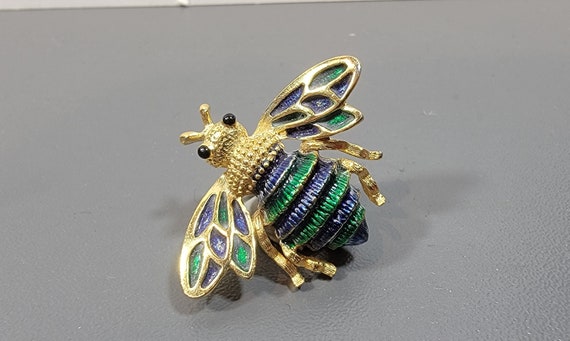 Bee Brooch: Blue & Green Enamel Pin gold plated base metal