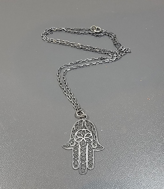 hamsa hand pendant filigree sterling silver chain as is