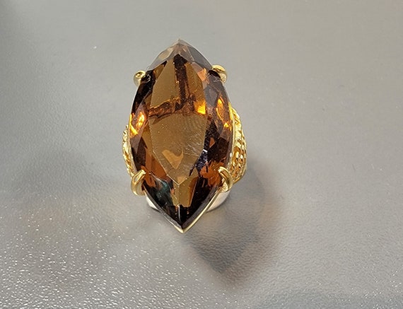 marquise cocktail ring gold plated large brown topaz glass stone