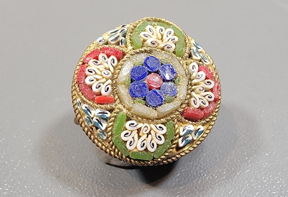 grand tour style brooch floral brooch mosaic blue orange glass floral Italy
