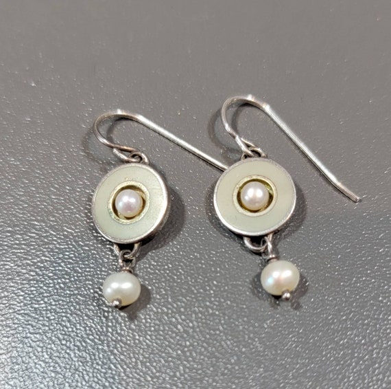 Pearl earrings dangle drop enamel accents  vintage handmade