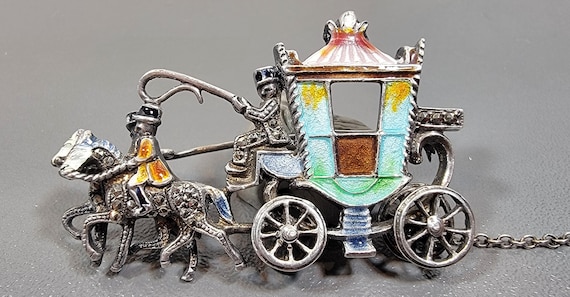 horse carriage coach brooch enamel sterling silver marcasite alice caviness style