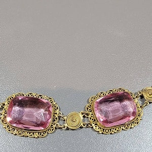 Antique bracelet pink glass stones Filigree setting canatille bracelet