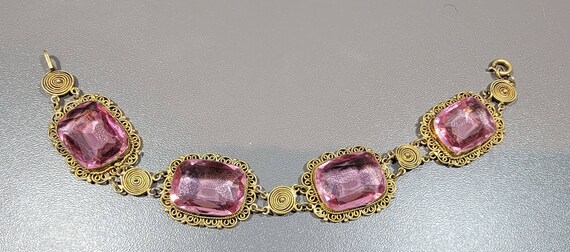 Paste bracelet pink glass stones Filigree setting canatille bracelet