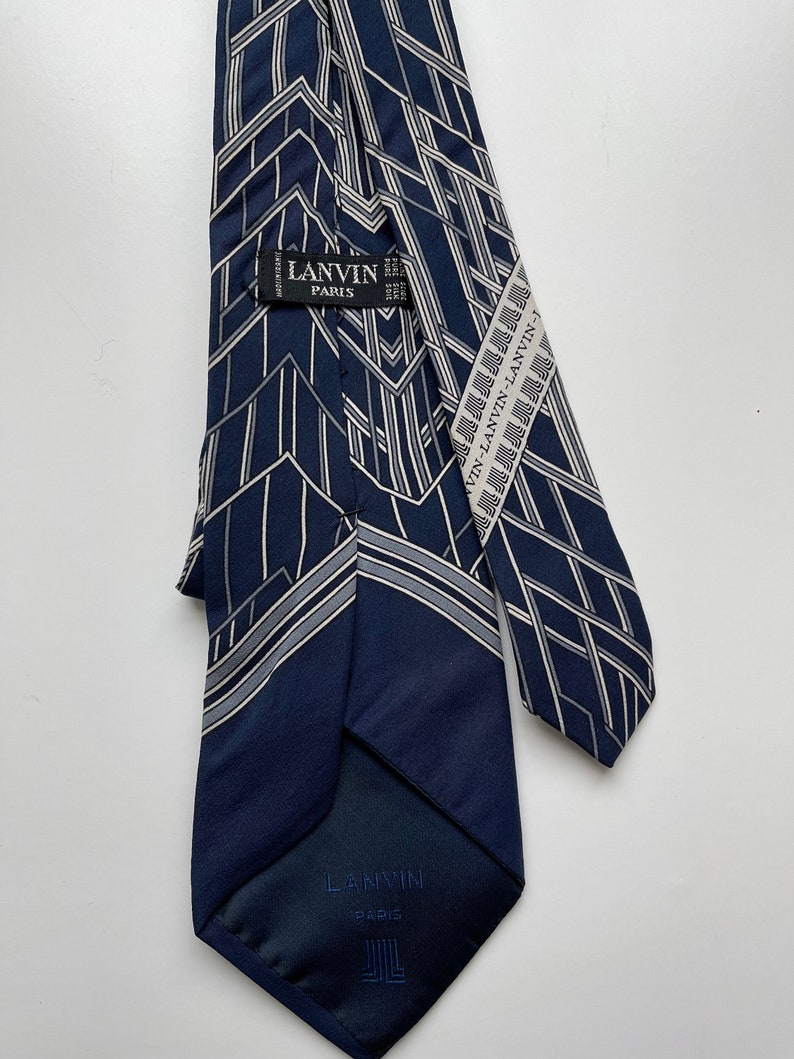 Vintage Lanvin Silk Tie Blue, White, Grey Geometric Design Made in France Bild 2