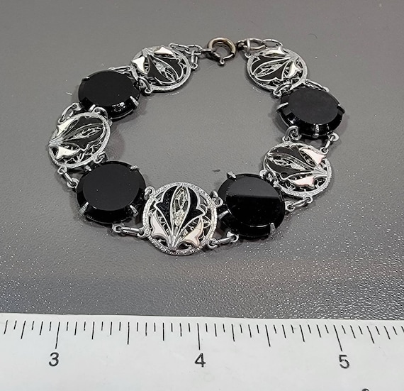 Art Deco Chrome Bracelet Link Bracelet white enamel black glass