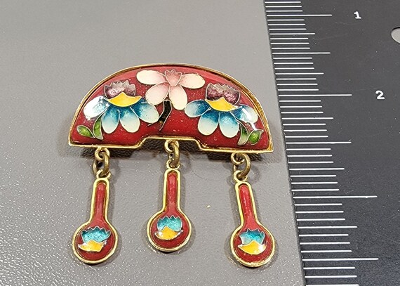 red enamel brooch asian floral motif dangles japa… - image 5