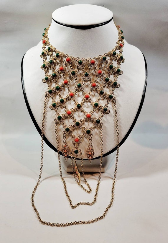Egyptian revival Necklace Bib Swagged chain adjustable Faux Coral Jade