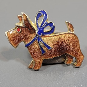 dog brooch scottie terrier enamel blue bow