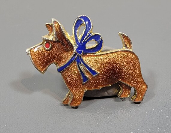 dog brooch scottie terrier enamel blue bow