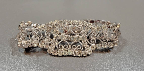 Rhinestone link Bracelet silver plated  wide link… - image 1