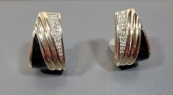 Panetta earrings rhinestone  clip on gold plated black enamel deco inspired