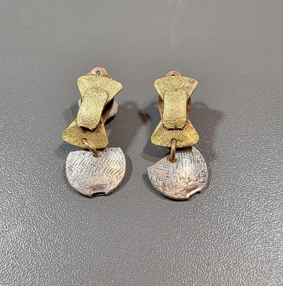 Brass earrings modernist simple mbsf clip on vintage