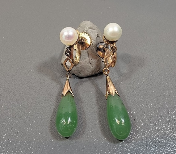 gold earrings dangle drops pearls jade 14 karat yellow