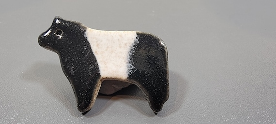 cow brooch pottery glazed black and white small charming handmade