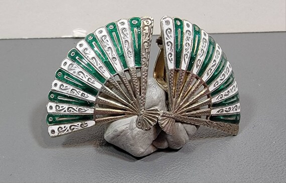 Fan earrings Hand fan green white enamel siam sterling