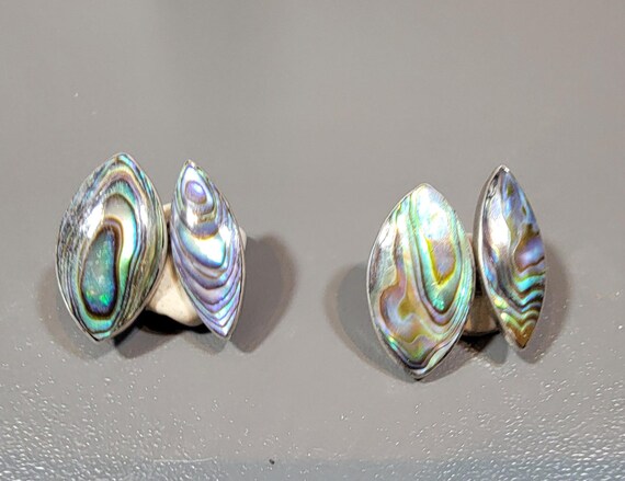 abalone cuff links sterling silver marquise shaped vintage handmade cufflinks