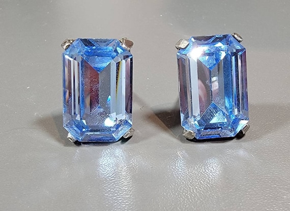 blue glass cufflinks swank silver tone large bold shiny