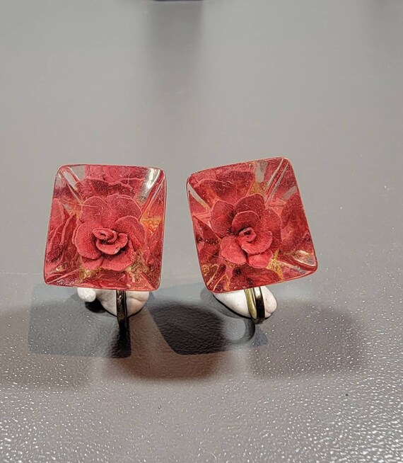 red rose earrings Lucite Reverse Carved Flower screw on