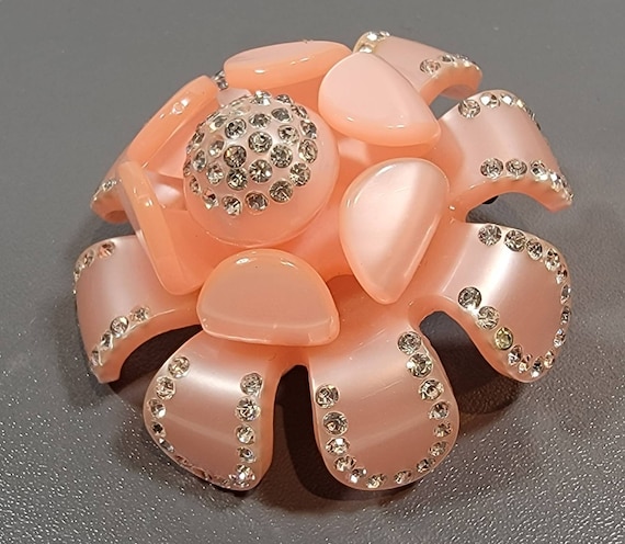 pink flower brooch pearly lucite petals rhinestone pave accents