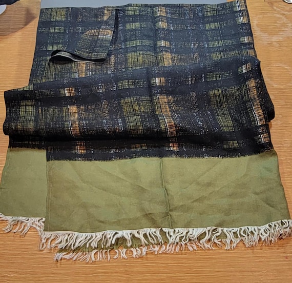 plaid silk scarf olive green black long wide black fringe