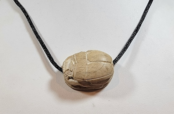 Scarab beetle necklace large faience pendant black cord