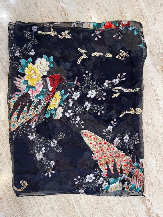 Peacock Silk Chiffon Scarf Oblong Long Floral on … - image 3