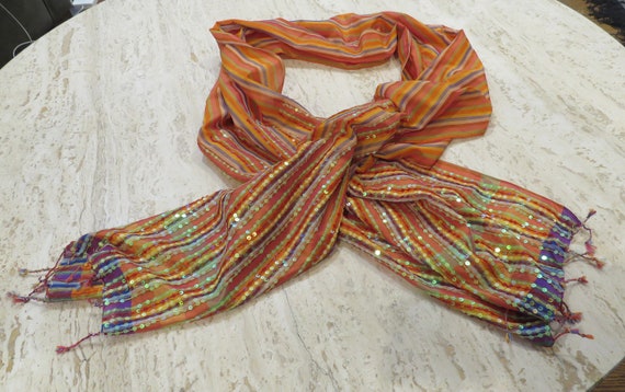 Orange Striped scarf  sequins large oblong scarf … - image 7
