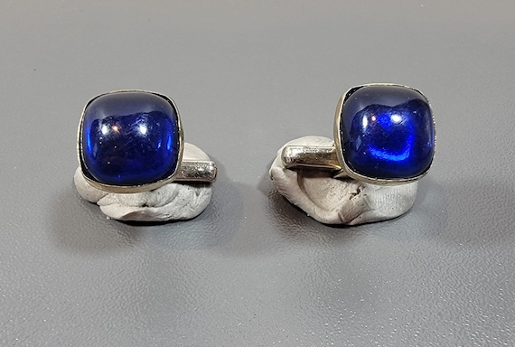 blue cabochon cufflinks gold tone vintage art deco