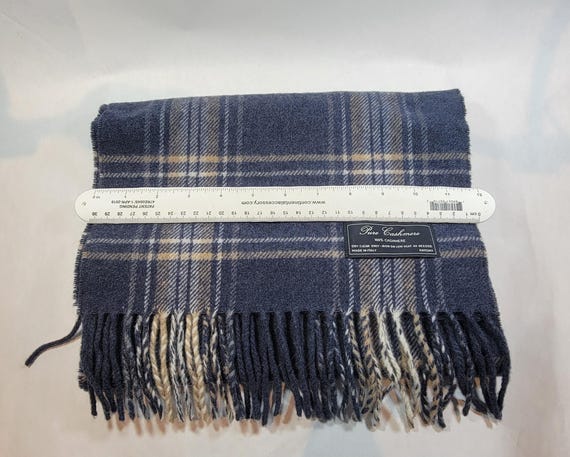 wool scarf blue and tan plaid fringe made in italy man gift