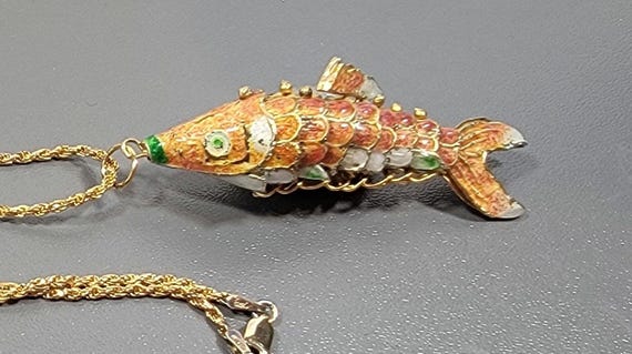 Fish pendant necklace enamel accents wiggley fish