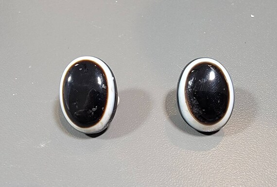 Mourning jewlery banded Onyx earrings clip on oval antique earrings
