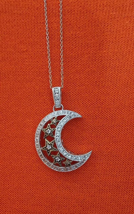 crescent moon pendant sterling silver cz highlights