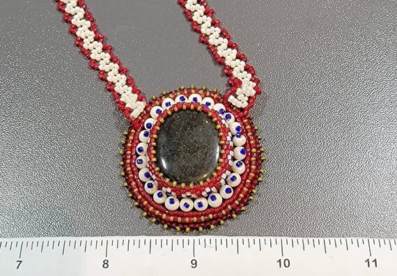 beaded necklace red white glass unknown oval ston… - image 5