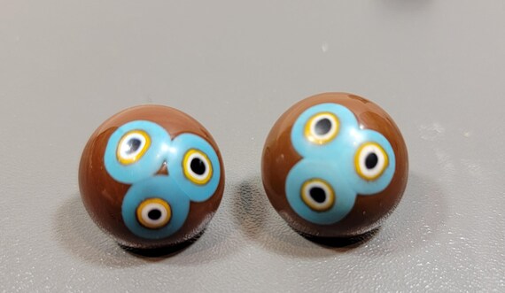 Murano glass button earrings italian brown and blue cabochon buttons