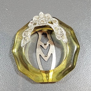 Art Deco dress clip silver tone rhinestone apple juice bakelite