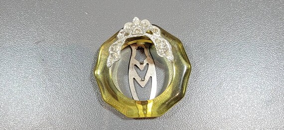 Art Deco dress clip silver tone rhinestone apple juice bakelite