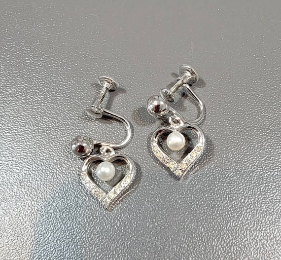 Heart earrings Pearls sterling silver screw on rh… - image 1