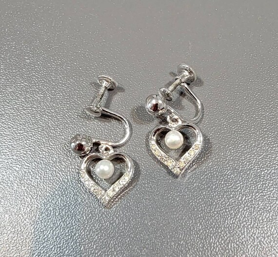 Heart earrings Pearls sterling vintage gift for her