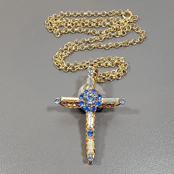 rhinestone cross blue stones gold tone metal
