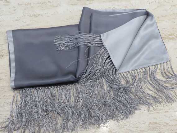Large silk two color silver grey fringed scarf si… - image 2