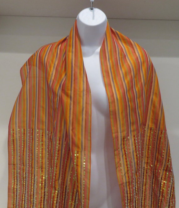 Orange Striped scarf  sequins large oblong scarf … - image 8