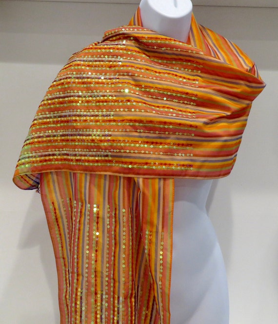 Orange Striped scarf  sequins large oblong scarf … - image 2