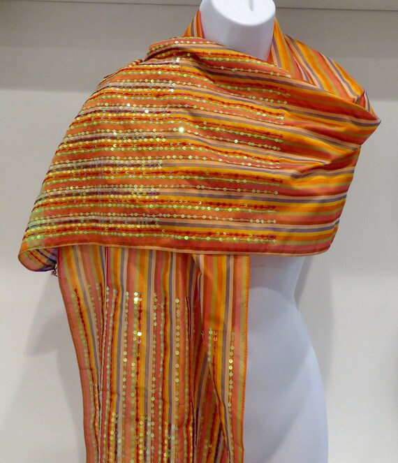 Orange Striped scarf  sequins large oblong scarf hot colors madras wrap