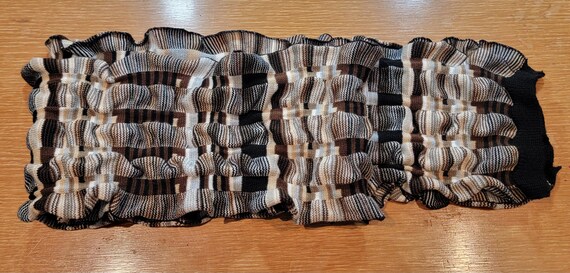 Brown scarf neutral tones black gray and cream scarf knitted ruched fabric