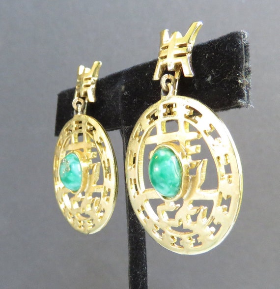 Green glass earrings Fake jade cabochons Asian Da… - image 4