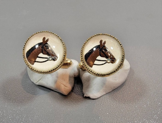 horse cufflinks reverse carved crystal vintage sporting jewelry