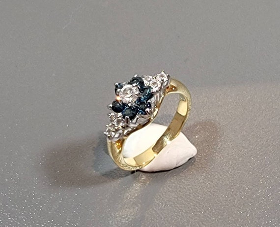 blue fake sapphire cocktail ring halo gold plate flower shape