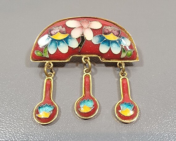 red enamel brooch asian floral motif dangles japa… - image 6
