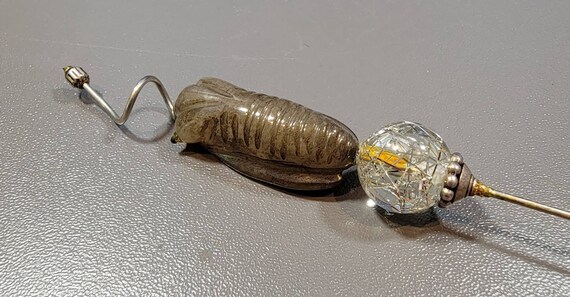 cicada hat pin carved stone base metal